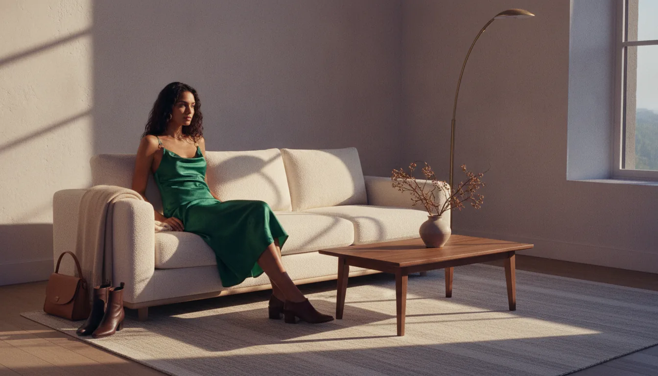 Woman in an emerald satin slip dress on an ivory boucle sofa beside a walnut coffee table, arc lamp, handbag and boots — several products composed into one scene